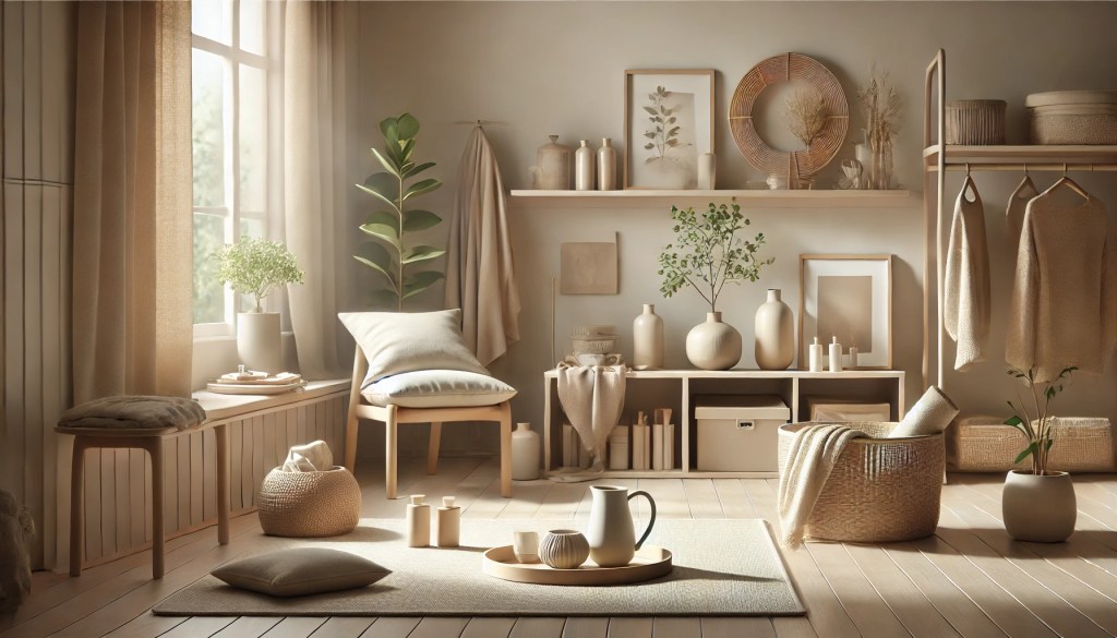 Klidný a minimalistický prostor s několika pečlivě vybranými předměty, přirozeným světlem a jemnými, zemitými barvami. Prostředí odráží filozofii minimalismu, který se zaměřuje na jednoduchost a udržitelnost.