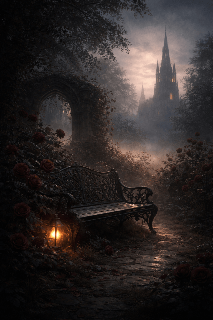 Gotika a viktoriánský styl: Opuštěná viktoriánská zahrada s litinovou lavičkou, lucernou a červenými růžemi v mlze, v pozadí silueta gotické katedrály za soumraku.