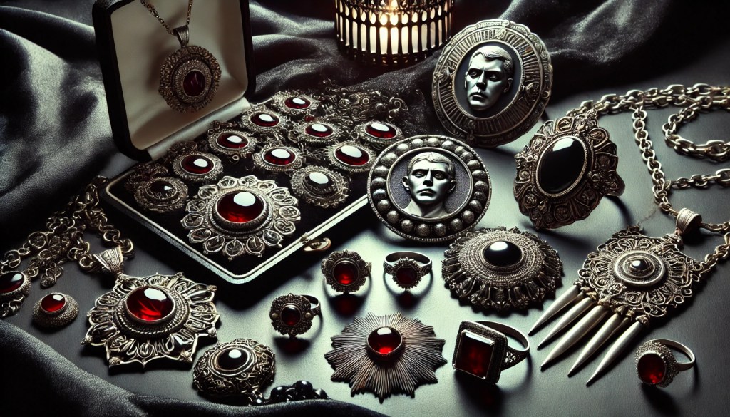 Gotické umělecké ztvárnění dramatických šperků z klasických filmů jako Nosferatu a Dracula. Kolekce medailonů, výrazných stříbrných prstenů a náhrdelníků s krvavě červenými drahokamy, aranžovaná na tmavém sametovém pozadí s jemným tajemným osvětlením. Atmosféra evokuje eleganci a intenzitu gotické kinematografie.