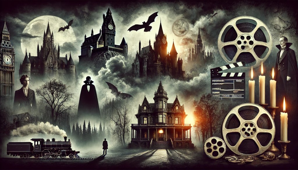 Dramatická a tajemná koláž inspirovaná gotickými filmy a seriály. Kompozice zahrnuje stíny hradů, záhadnou mlhu, siluetu upíra a starobylé sídlo obklopené temnými lesy. Doplňují ji filmové detaily, jako jsou vintage filmové kotouče a gotické kostýmy z ikonických děl jako Dracula a Penny Dreadful. Atmosféra je temná, s hlubokými stíny a zářivými světelnými efekty, evokující kouzlo gotické kinematografie.