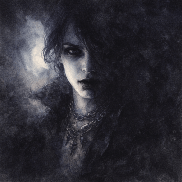 Mysteriózní portrét ženy s lebkami a temným vzhledem, symbolizující gotickou subkulturu a její zájem o temné motivy a psychologii.