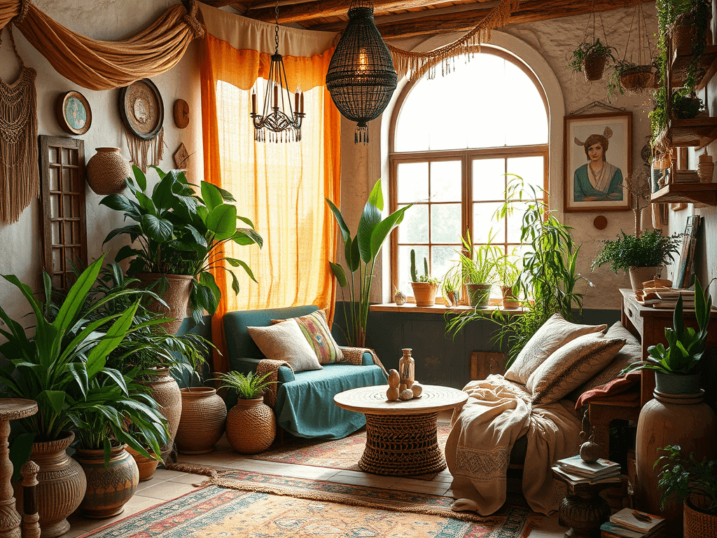 Zelené pokojové rostliny na útulném obývacím pokoji s velkým oknem, dekorativní interiér s rustikálními prvky, přírodní materiály, teplé barvy, boho styl, světlé závěsy, umělecké rámy na stěně, moderní a pohodlné posezení, přírodní osvěžení interiéru, relaxační atmosféra.