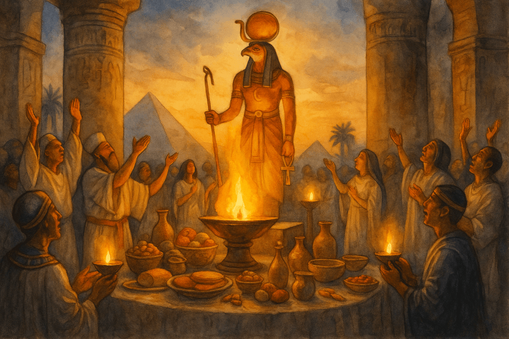 Starověký egyptský rituál při východu slunce; kněží obklopují oltář s ohněm a uctívají boha Ra se slunečním diskem na hlavě, kolem stojí sloupy chrámu, obětní pokrmy a nádoby, v pozadí se zvedají pyramidy a palmy, celá scéna vyjadřuje posvátnou sílu světla a obnovy.