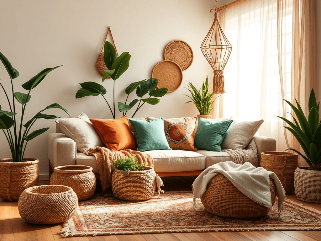 Okrešená pohovka s barevnými polštáři, okolní pokoj s rostlinami a přírodními dekoracemi, boho styl, teplá a útulná atmosféra, ideální pro pokojové design nápady, interiérový dekor, přírodní materiály, relaxační prostor.