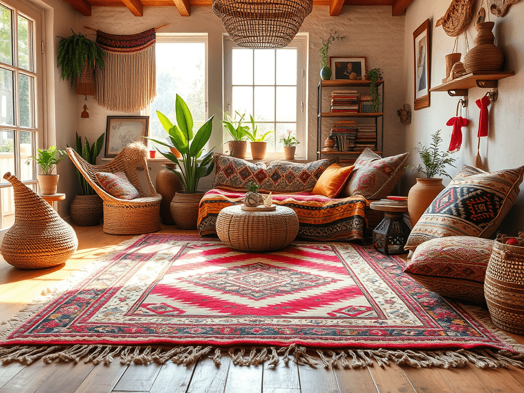 Barevné látky a koberce v obývacím pokoji, boho styl, přírodní materiály, rustikální dekorace, zelené rostliny, dřevěné prvky, teplá a útulná atmosféra.