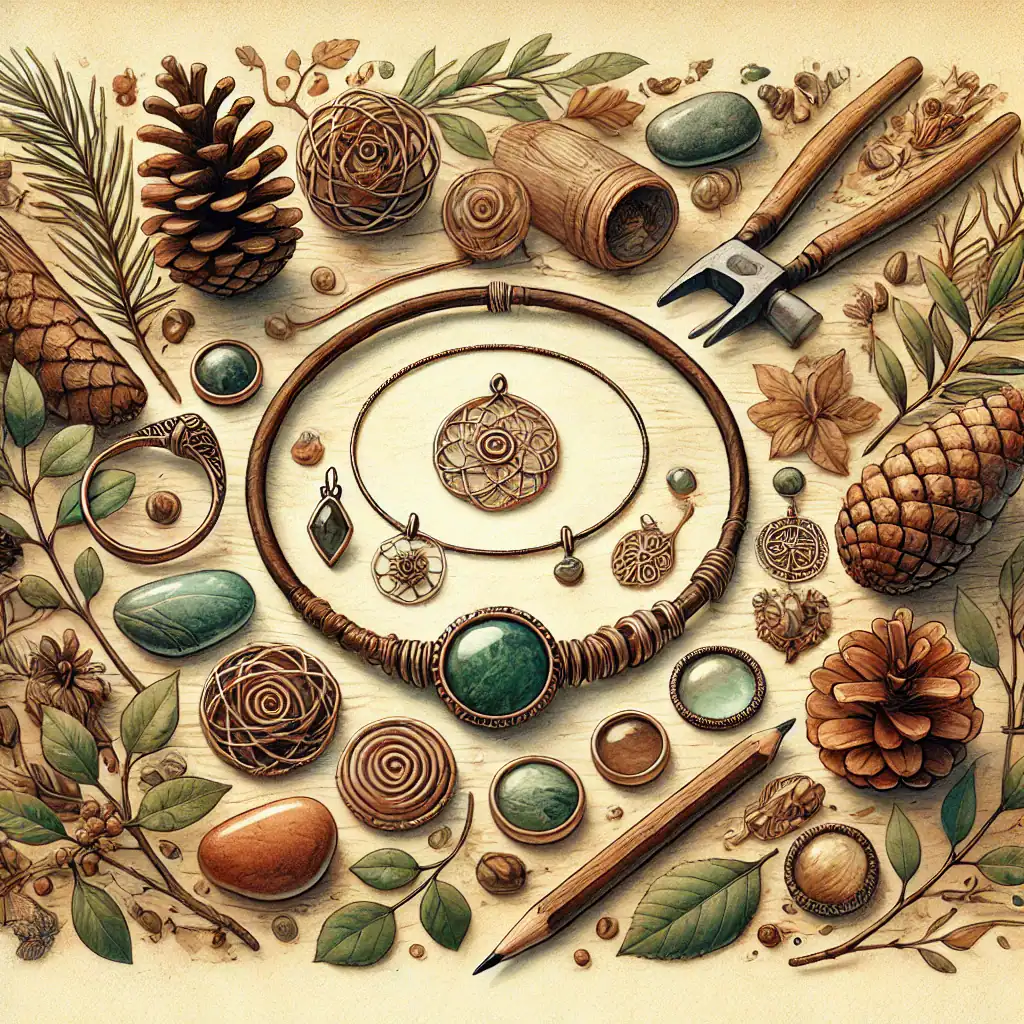 Smutné, přírodní motivy s korálky, šperky a nástroji na výrobu šperků, inspirované přírodou, dřevo a minerály, ideální pro kreativní tvorbu a ruční práce s korálky.