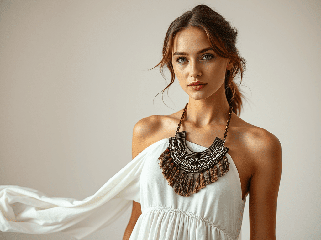 Elegantní žena s výraznou náhrdelníkovou šperkovou soupravou na béžovém pozadí, módní doplňky, stylové šperky, ženy, fashion.