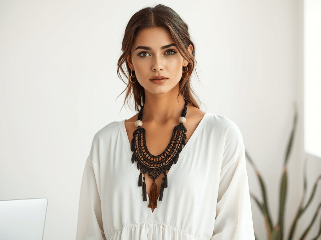 Mladá žena v bílých boho šatech s výrazným ručně vyrobeným náhrdelníkem z přírodních materiálů v černo-hnědých odstínech. Její elegantní vzhled doplňují zlaté kruhové náušnice. Pozadí je minimalistické s nádechem přírody díky zeleným rostlinám.