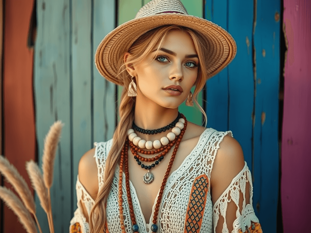 Zdobená žena s letní kloboukem, šperky a sandálem v přírodní barvě, stojí před barevnou dřevěnou s Wend přesně odrážející uměleckou produkci Bead Culture, zaměřenou na originální šperky a módní doplňky.