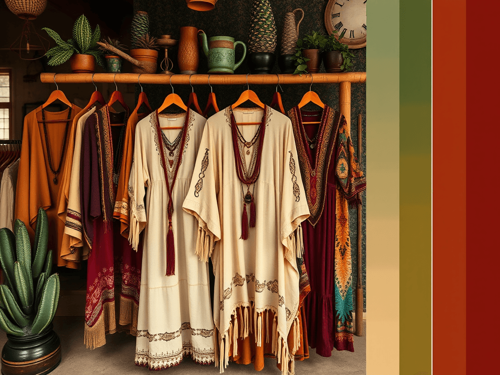 Vintage harmonické oblečení a doplňky na ramínkách v módě boho stylu. Výběr tradičních a moderních kousků s bohatými vzory, tkanými detaily a přírodními barvami. Ideální pro kreativní a originální stylizace.