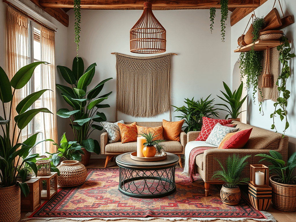 Stylový boho obývací pokoj plný přírodních prvků: ratanová lampa, makramé na zdi, tropické rostliny a pestrobarevné polštáře na pohovkách. Dominantou prostoru je výrazný orientální koberec, který doplňuje útulnou atmosféru. Interiér kombinuje světlé stěny s teplými tóny a dekoracemi z přírodních materiálů.