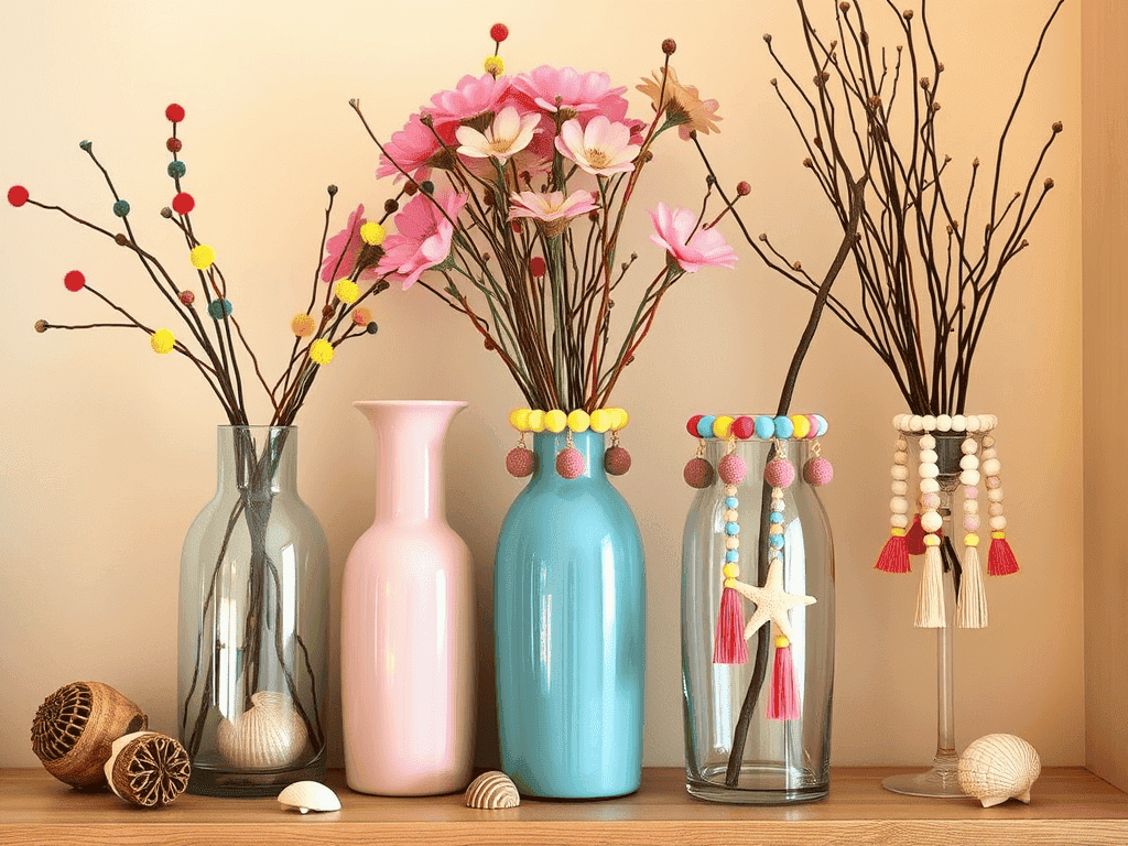 Rozkošné dekorace z korálků a větviček ve skleněných vázách s mořskými motivy a letními barvami, ideální pro kreativní DIY projekty a ozdoby do bytu.