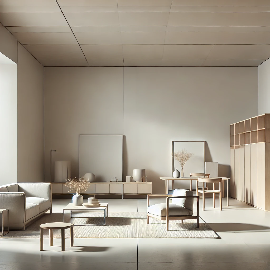 Minimalistický interiér s otevřeným a vzdušným prostorem, kde je minimum nábytku a neutrální barevná paleta v odstínech bílé, šedé a béžové. Místnost obsahuje prvky ze dřeva a kovu, které dodávají texturu, a dekorace jsou zvoleny s citem, což vytváří atmosféru klidu a pořádku. Tento design ztělesňuje minimalistický přístup k interiéru, zaměřený na prostor, jednoduchost a organizaci.