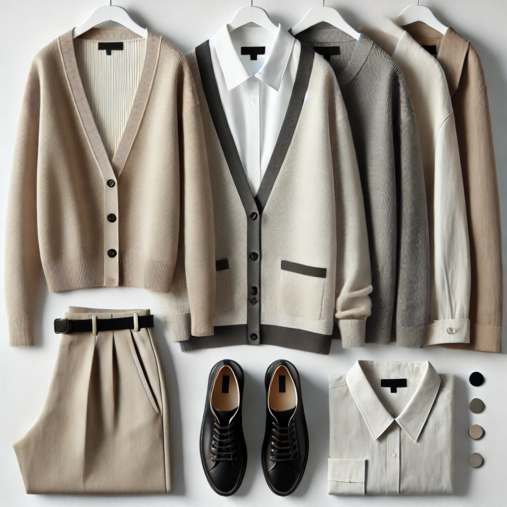 Minimalistický módní outfit s jednoduchými a elegantními kousky v neutrálních barvách jako bílá, černá, šedá a béžová. Design oděvu zahrnuje čisté linie a jemné střihy bez přehnaných detailů, což vytváří nadčasový a univerzální vzhled. Tento styl ztělesňuje minimalistický přístup k oblékání, který preferuje kvalitu a jednoduchost.