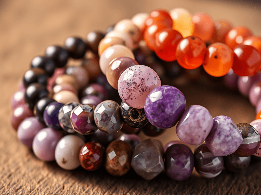 Pruhované a jednobarevné náramky z rajských perel a drahých kamenů na dřevěném povrchu. Ideální pro tvorbu šperků a osobní styl.