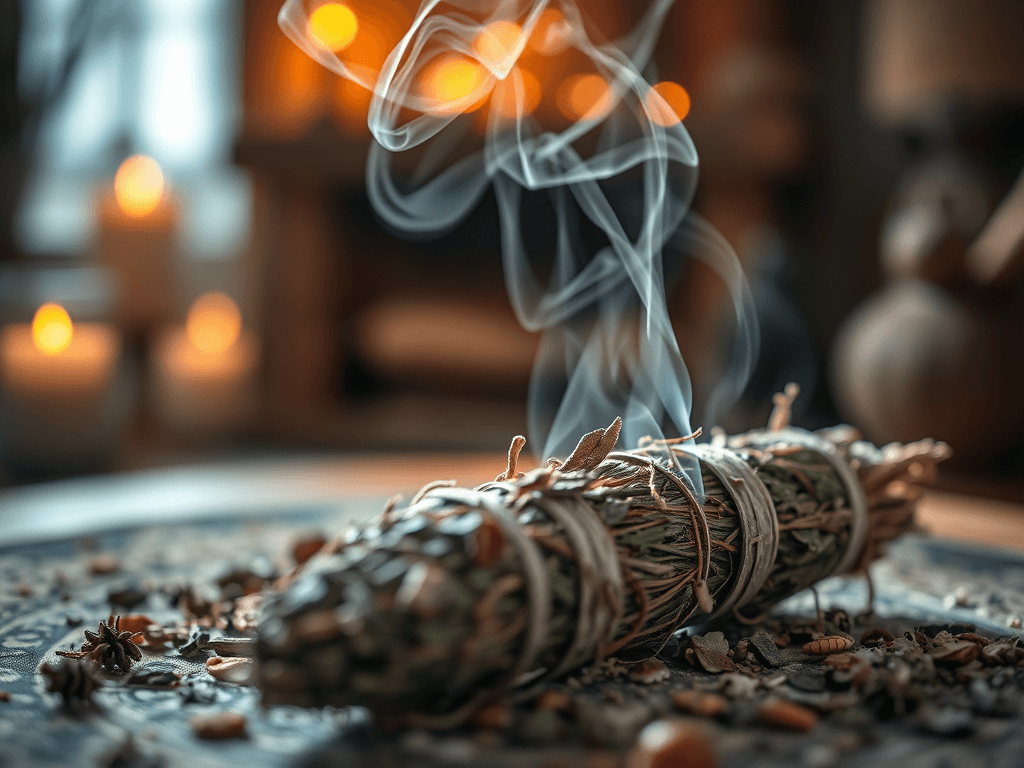 Rituální svazek šalvěje a bylin připravený k zapálení pro očistu prostoru.