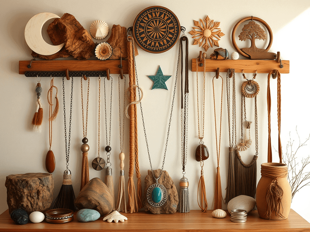 Náhled na řetízky a přírodní dřevěné dekorace na dřevěných vzdušných stojanech, přírodní materiály, umělecké a etnické šperky, Bead Culture, přírodní dekorace, ručně vyráběné šperky, dřevěný ornament.