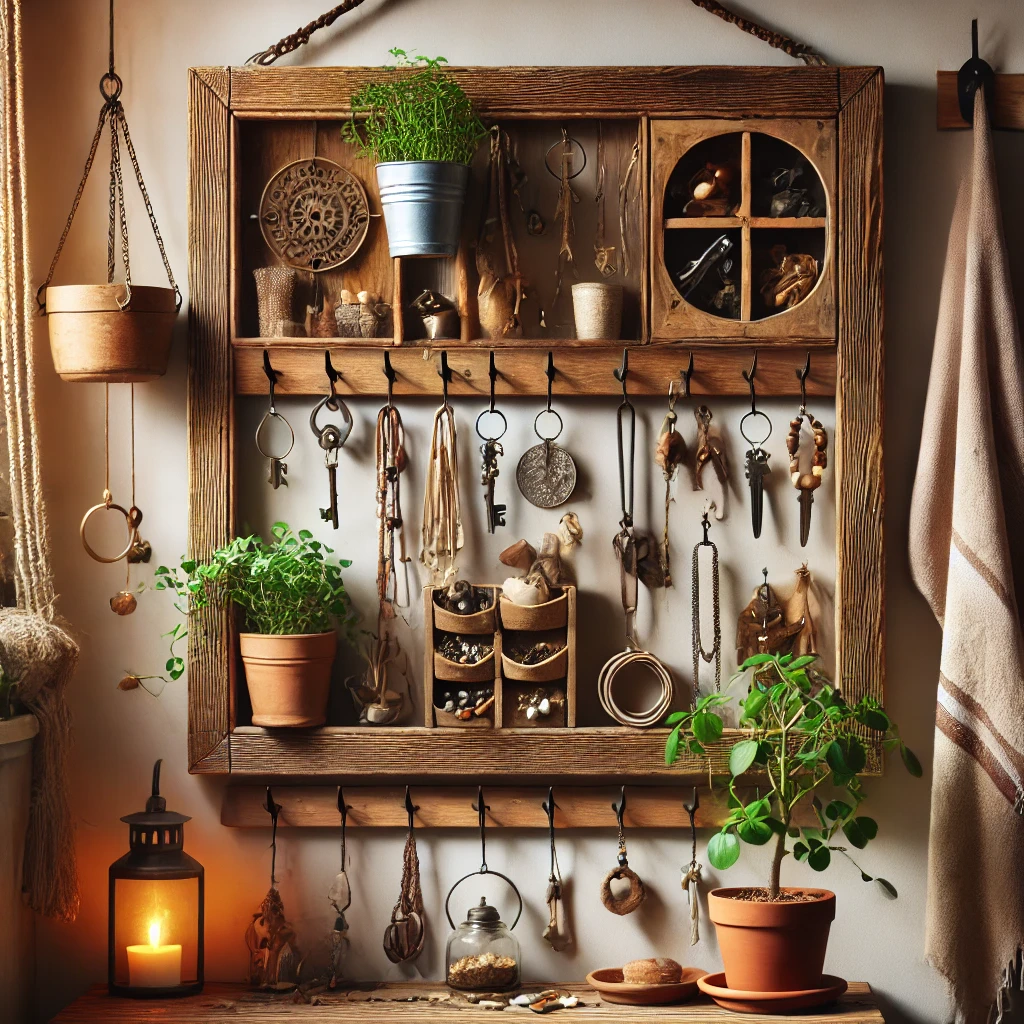 Ozdobená nástěnka s klíči, šperky a dekoracemi v přírodních tónech s květinami a svíčkou, ideální pro skladování a prezentaci ručně vyráběných šperků a doplňků v rustikálním stylu.