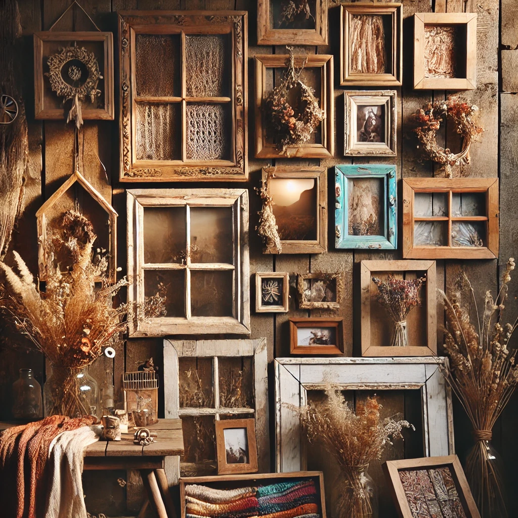 Staré dřevěné rámy a dekorace, rustikální interiér s vintage stylem, vintage okna a dekorativní prvky s přírodními motivy a sušenými květinami.