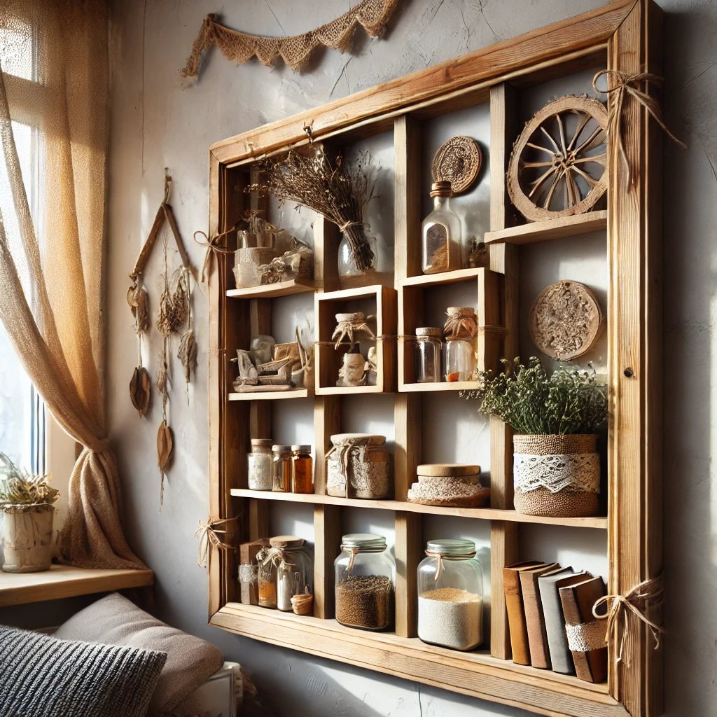 Barevná dřevěná police na bylinky a sušené květiny ve živém, přírodním stylu, ideální pro dekoraci domácího bytu nebo venkovského interiéru, perfektní pro milovníky bylinkářství a handmade kreativity.