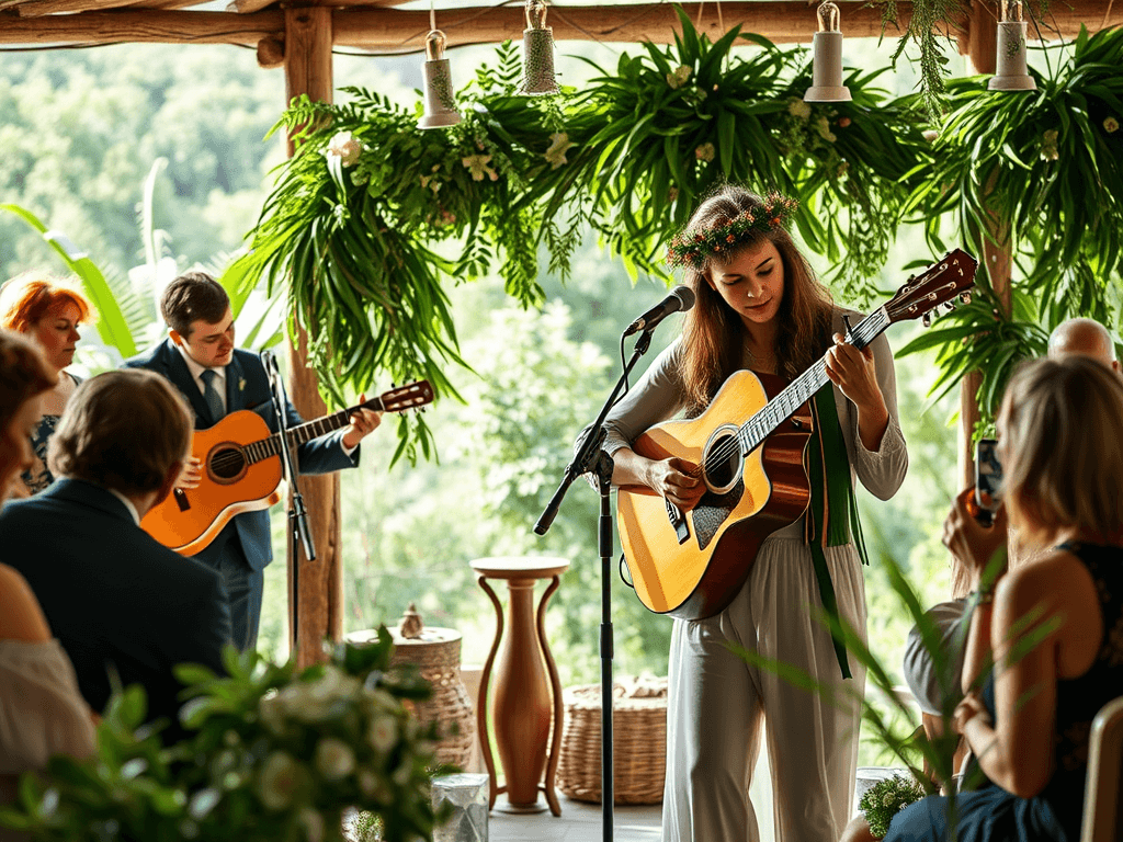 Oříškové svíčky na dřevěném stolku s květinovým architektem na pozadí, romantická atmosféra s živou hudbou během venkovního obřadu nebo oslav.