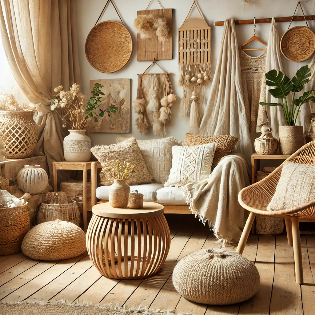 Rustikální domácí dekorace, dřevo a přírodní prvky, boho styl, pletené doplňky, domácí atmosféra, zelené rostliny, útulný interiér, dekorace na stěně, přírodní barvy, relaxační sezení, Bead Culture, hygge.