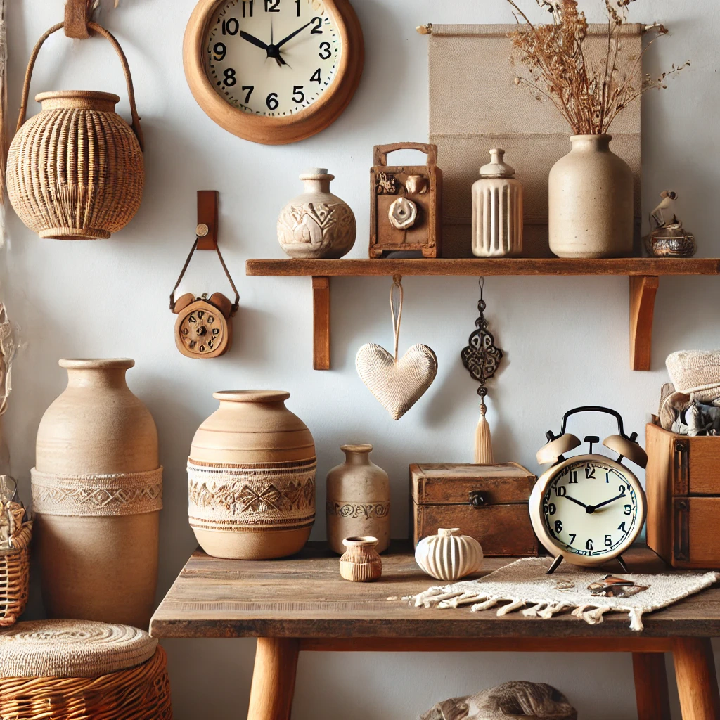 Starozlite keramické vázy a dekorace v rustikálním stylu, dřevěné police, hodiny a přírodní doplňky, vhodné pro domácí dekoraci a bytové doplňky, Bead Culture, originální české ruční práce, interiérové dekorace z keramiky a dřeva.