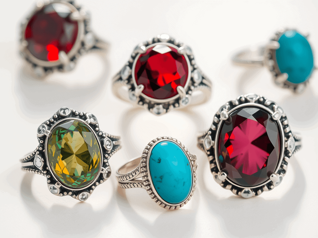 Barevné prsteny s drahokamy, stříbrné šperky s tyrkysy, rubíny a perly, ručně vyráběné originální šperky, unikátní design pro milovníky módních doplňků, šperky z kvalitního materiálu, originální dárek, beaded jewelry, handmade rings.