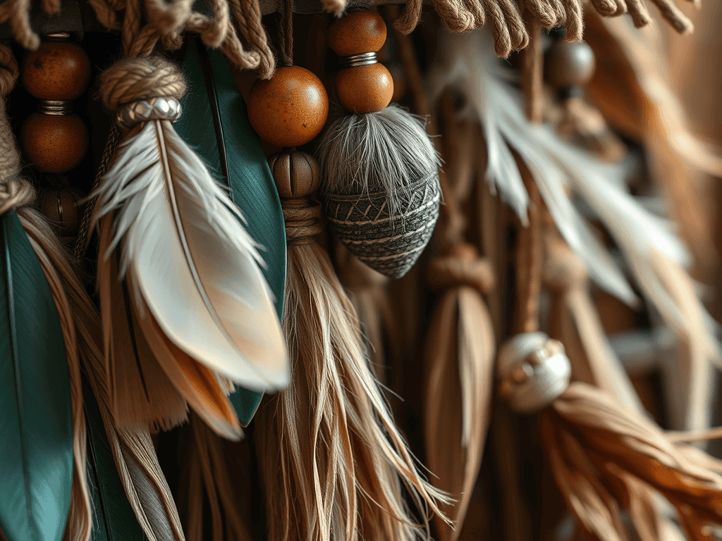 Náhrdelník z přírodních korálků a peří s etnickým vzorem, ručně vyráběný originální šperk z kolekce Bead Culture.