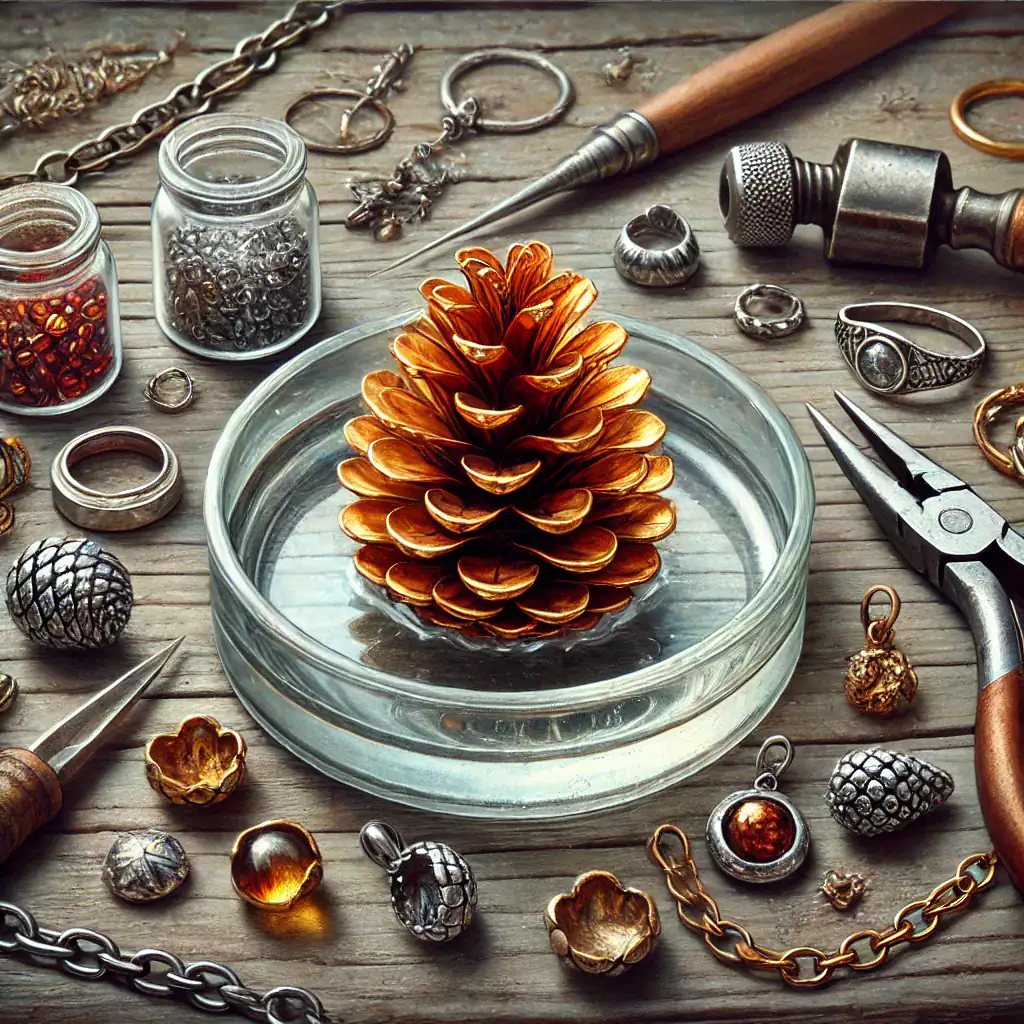 Krajkařské korálky a šperkový materiál na dřevěném stole, inspirace pro výrobu šperků, detaily o ozdobném řemesle, ruční práce s kovovými a skleněnými prvky, kreativní tvoření šperků a doplňků.