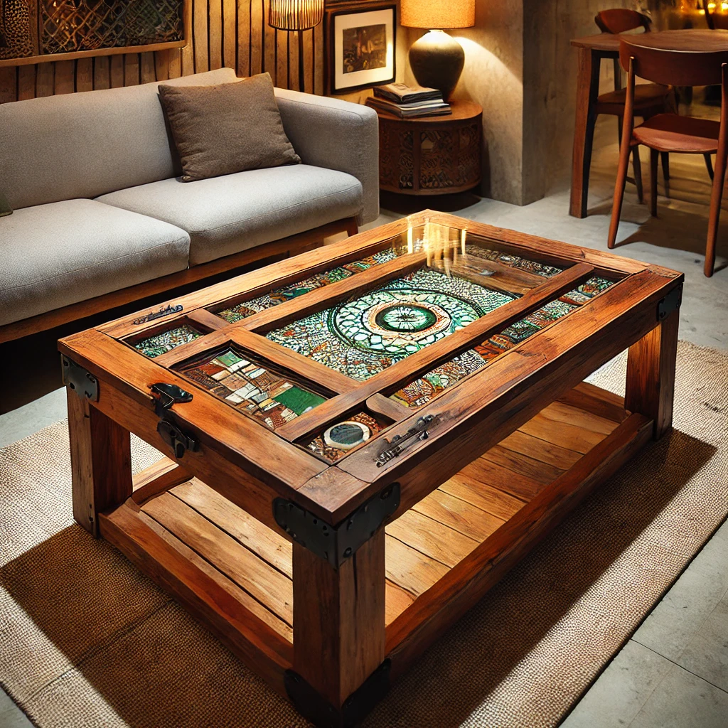 Rezonující tabule záchranné dřevo s vitrážovým sklem, originální kousek pro interiérový dekor, ručně vyrobené umělecké dílo, elegantní konferenční stolek s bohatým designem, jedinečný prvek pro moderní i rustikální domácnosti.