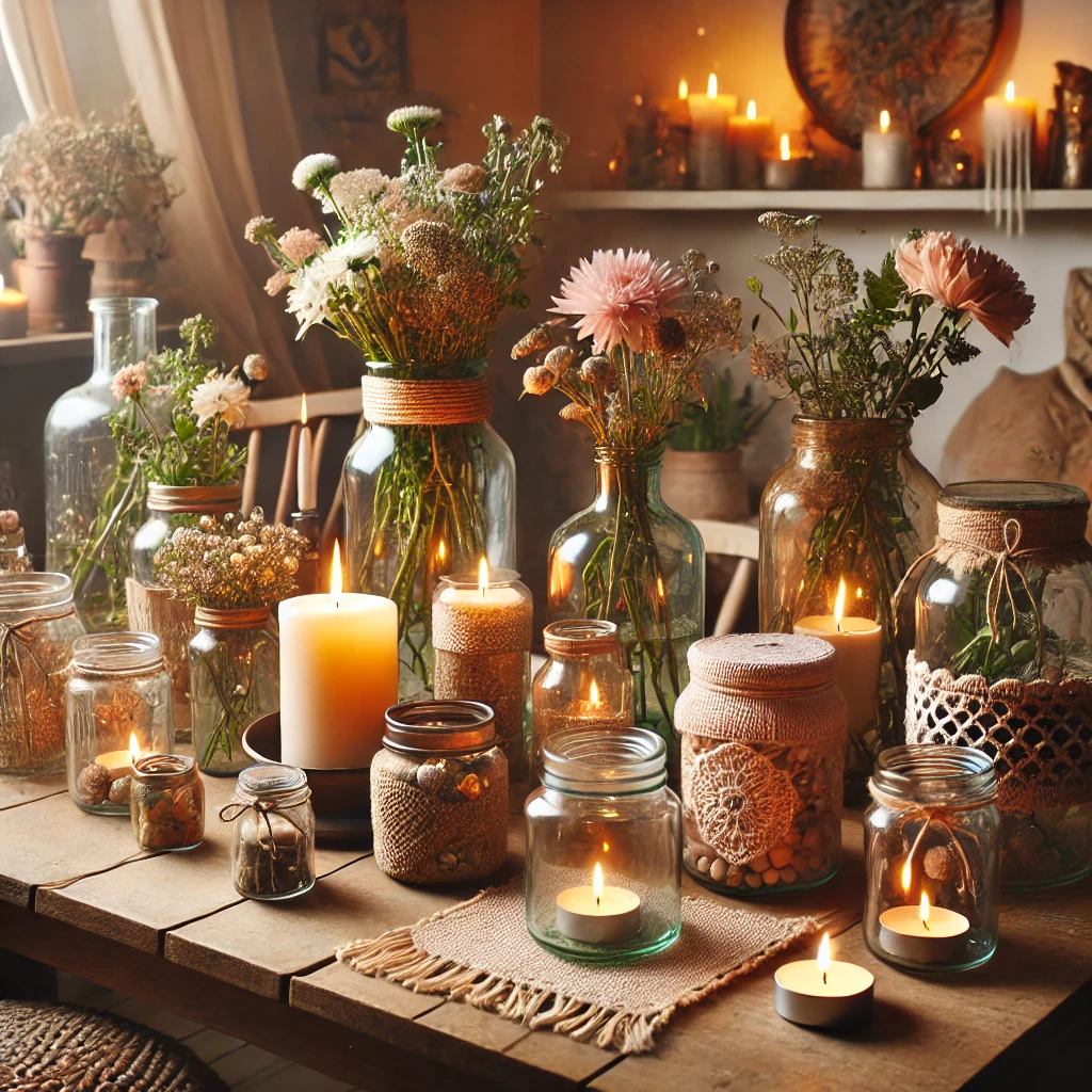 Barevné květinové vázy a svíčky v útulném interiéru, ideální pro dekoraci bytu nebo romantický večer, zdůrazňující ručně vyrobené dekorace a přírodní prvky.