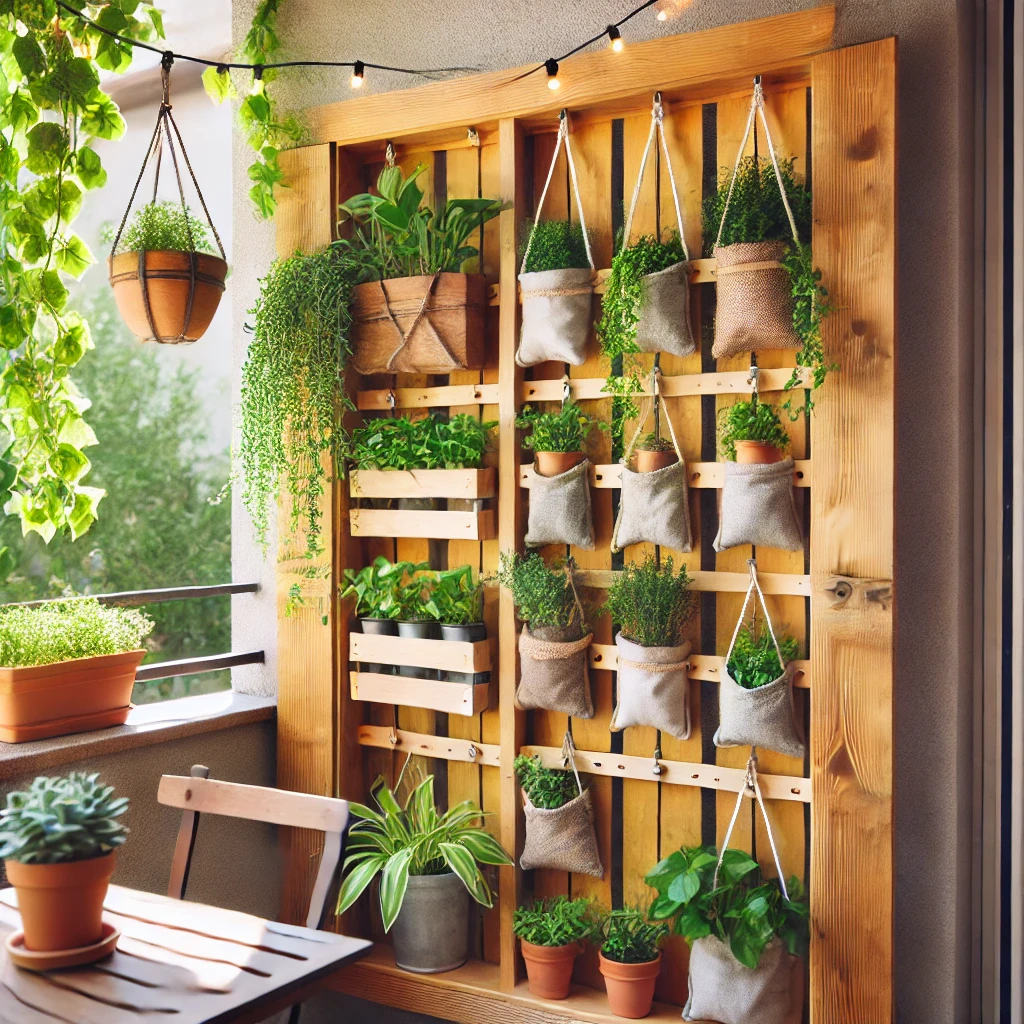 Rozkvetlá zahradní stěna s květináči a závěsnými kapsami, ideální pro pěstování bylinek a rostlin na balkoně nebo terase. Zelené rostliny dodávají interiéru přírodní atmosféru a zútulňují prostor.