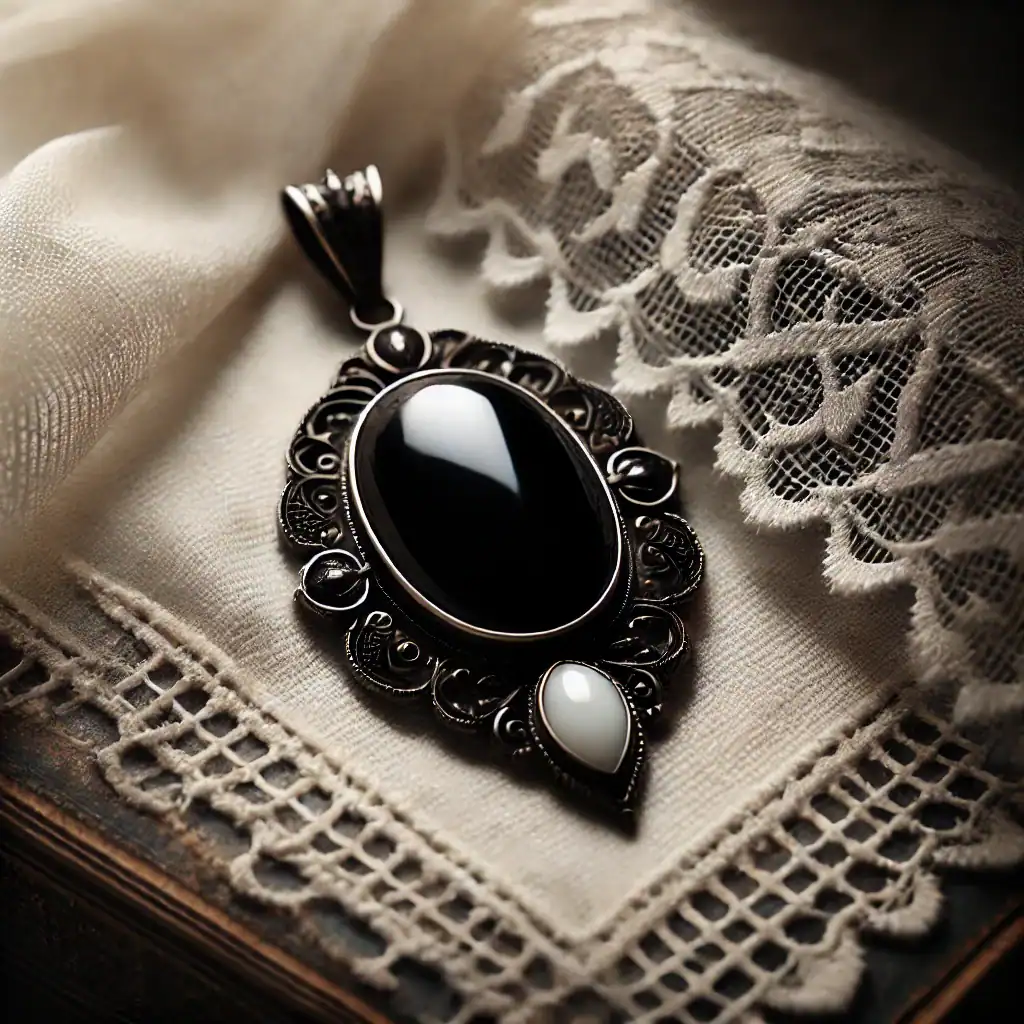 Colgante de luto victoriano con una piedra negra y una piedra blanca en un fondo de encaje.