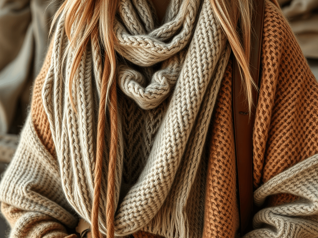 Pletený bavlněný šál s různými vzory a texturami pro podzimní styly.