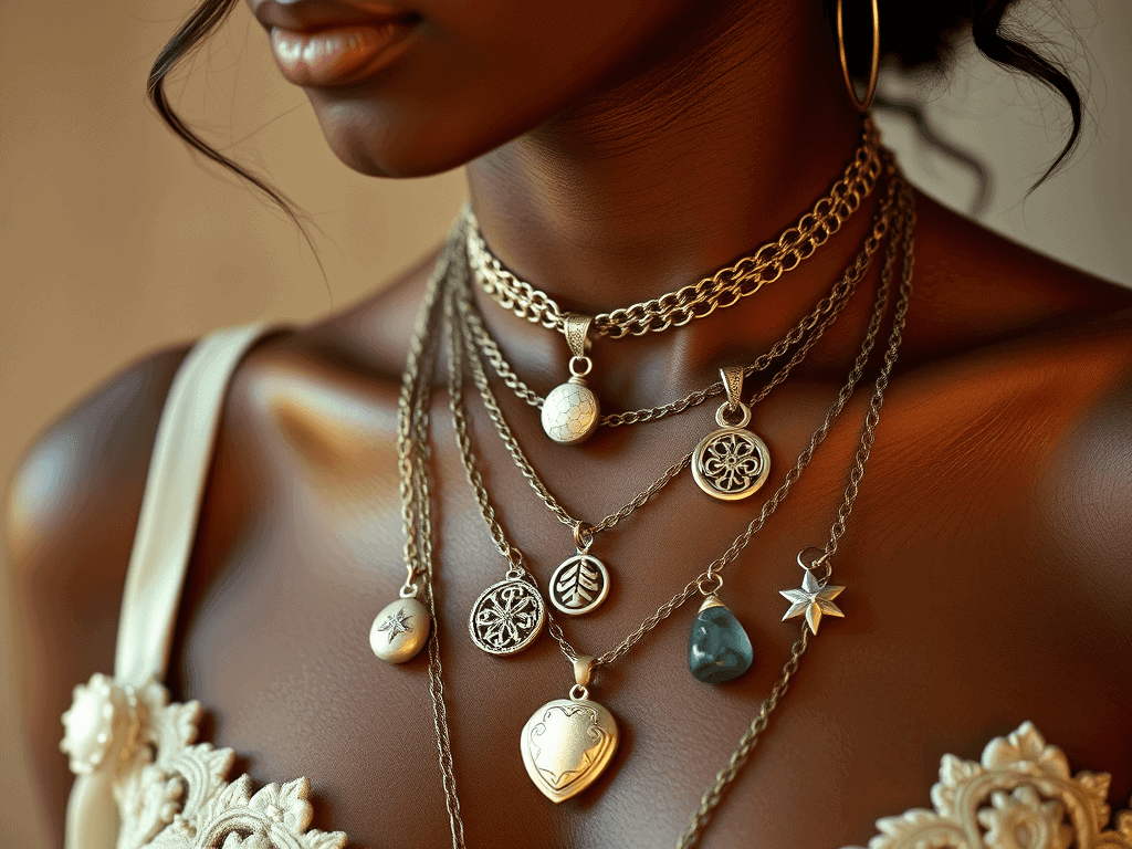 Bezdětné žensko oblečené s náušnicemi a víceřadovými náhrdelníky s různými přívěsky, zdůrazňující bohatství a styl, módní šperky, elegantní doplňky.