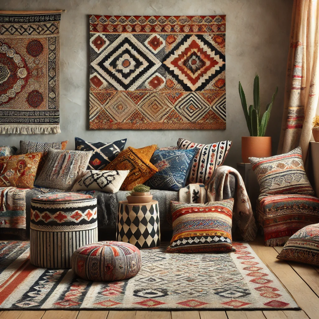 Barevná dekorace z koberců a polštářů s etno motivy pro interiérové ozdoby.