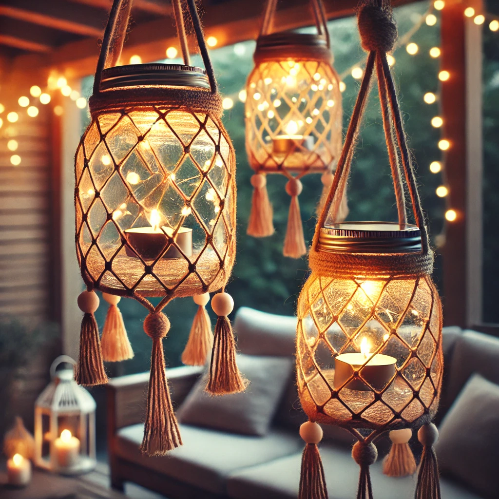 Elegantní lucerny na zavěšení s textiles a teplým osvětlením, ideální pro atmosférické venkovní i interiérové dekorace, ručně vyrobené z dekorativního skla a přírodních materiálů, vhodné pro venkovní oslavy a večery.