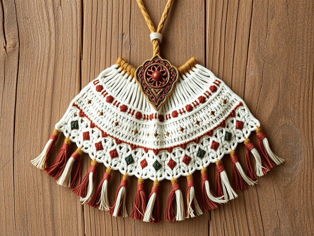 Barevný makramé náhrdelník s korálky a třásněmi, ručně vyrobený tradiční šperk, etnický design, boho styl, originální dárkový doplněk, česká ruční práce, kulturní řemeslné výrobky, módní doplněk, bohémský vzhled, umělecká dekorace.