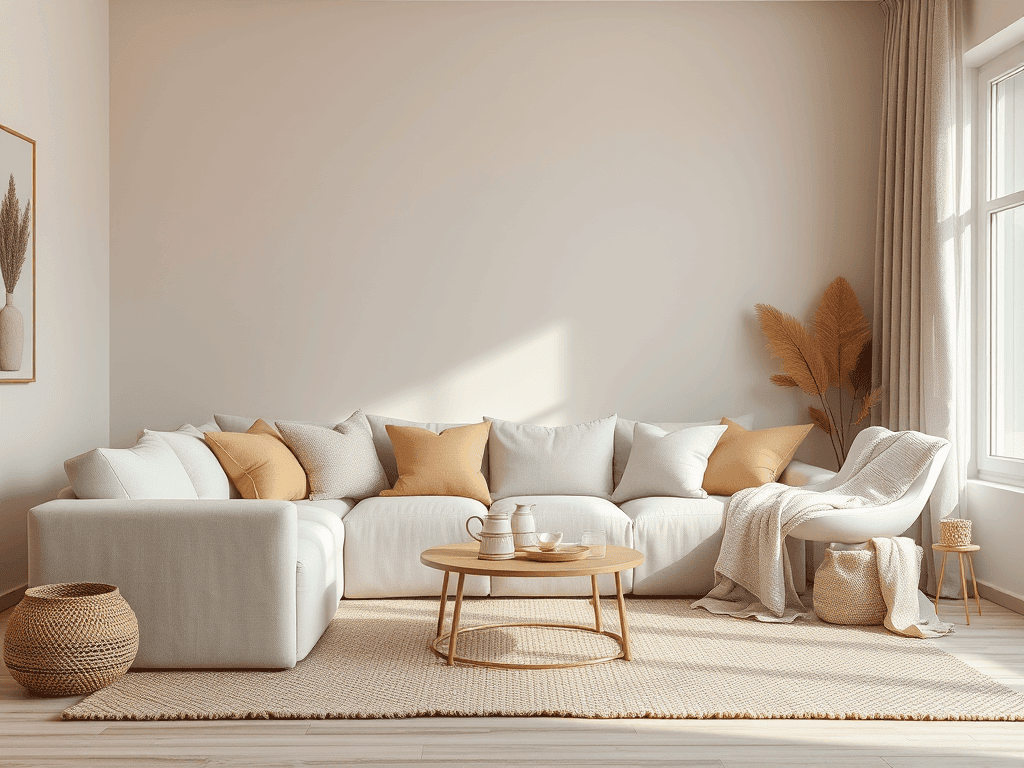 Obývací pokoj v béžových tónech s přírodními doplňky.