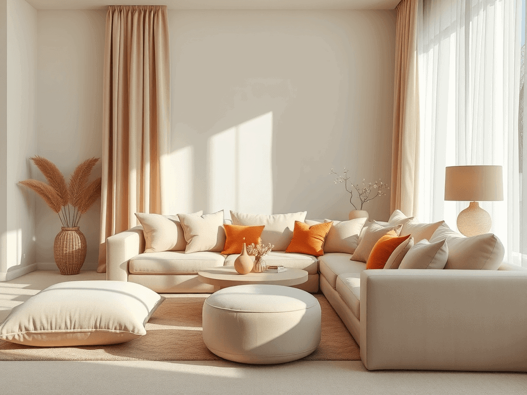 Krémový obývák s oranžovými akcenty.