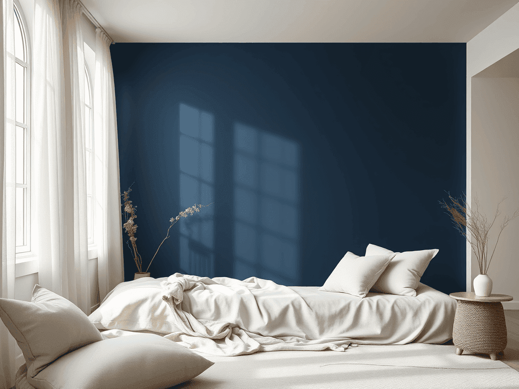 Ložnice s indigovou akcentní stěnou.