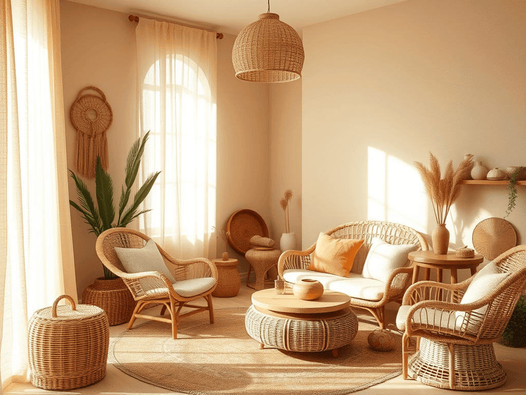 Pískově laděný pokoj s ratanovými prvky.