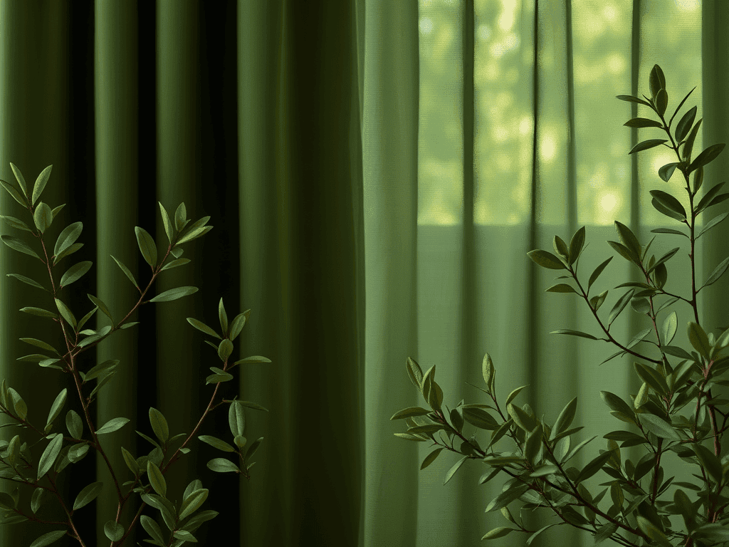 Zelené olivové závěsy v elegantním interiéru.