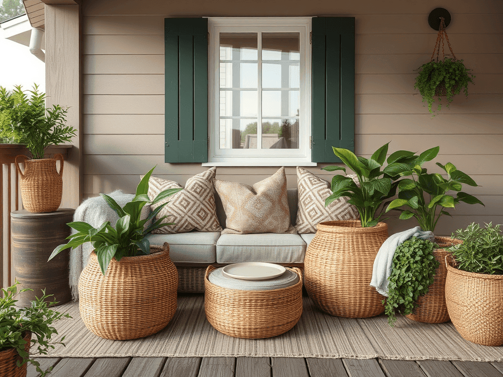 Proutěné koše a veranda v přírodních tónech.