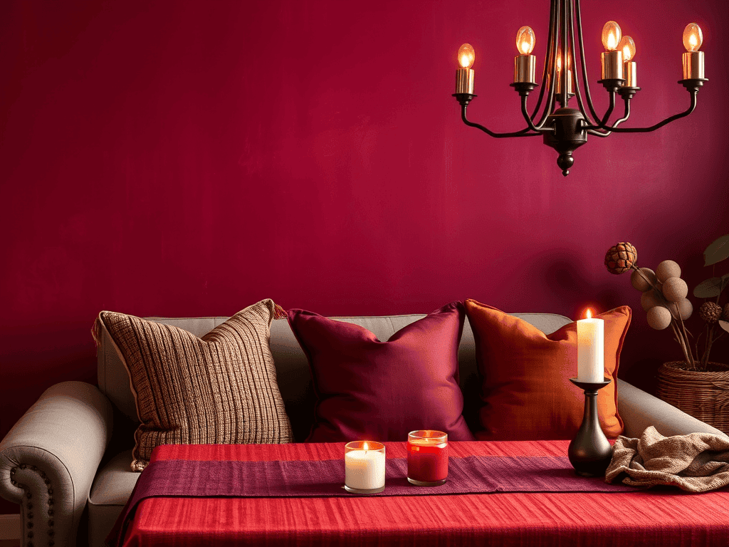 Obývací pokoj s vínově červenou stěnou a svíčkami.