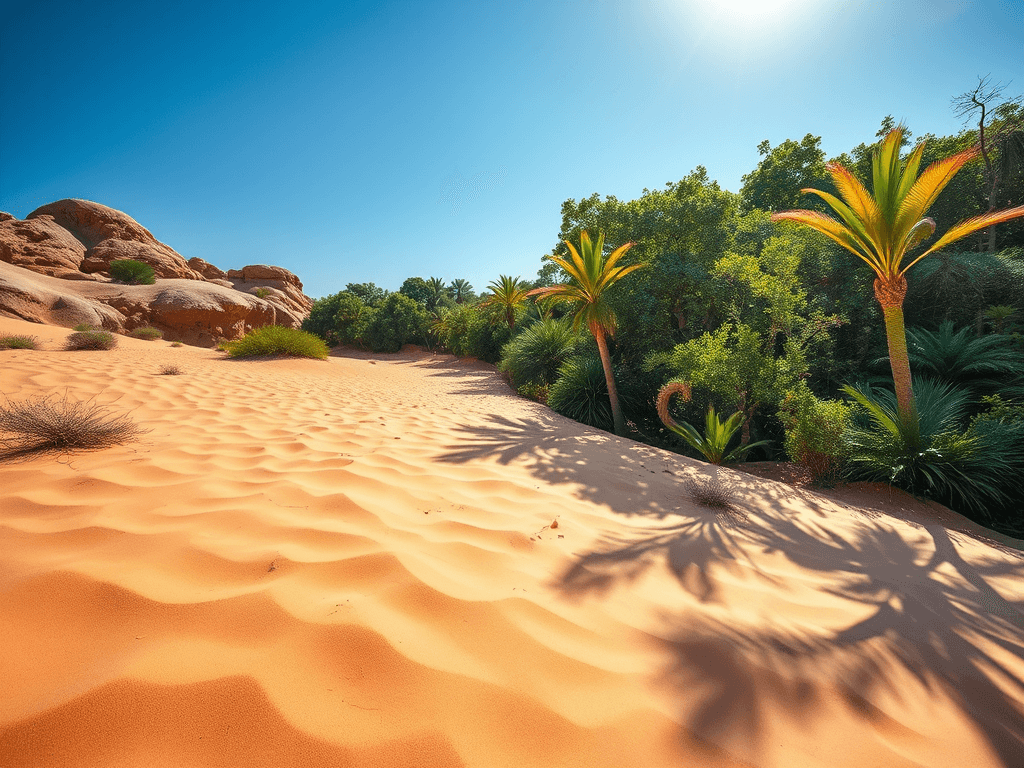 Sluncem zalitá pouštní oáza s palmami.