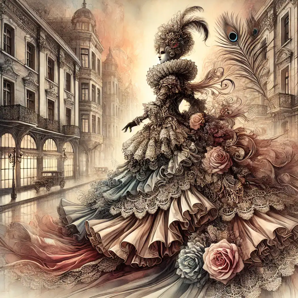 Luxusní umělecký obraz ženy v historickém kostýmu s květinovými motivy, elegance a bohatství detailů, inspirovaný vintage módou a barokní estetikou, ideální pro milovníky umění a módy.