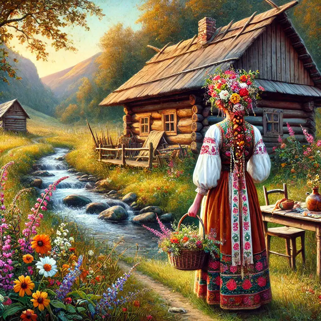 Kojící žena v tradičním folklórním oblečení s květinovou korbou na hlavě stojí u potoka u dřevěného domku v malebné přírodě.