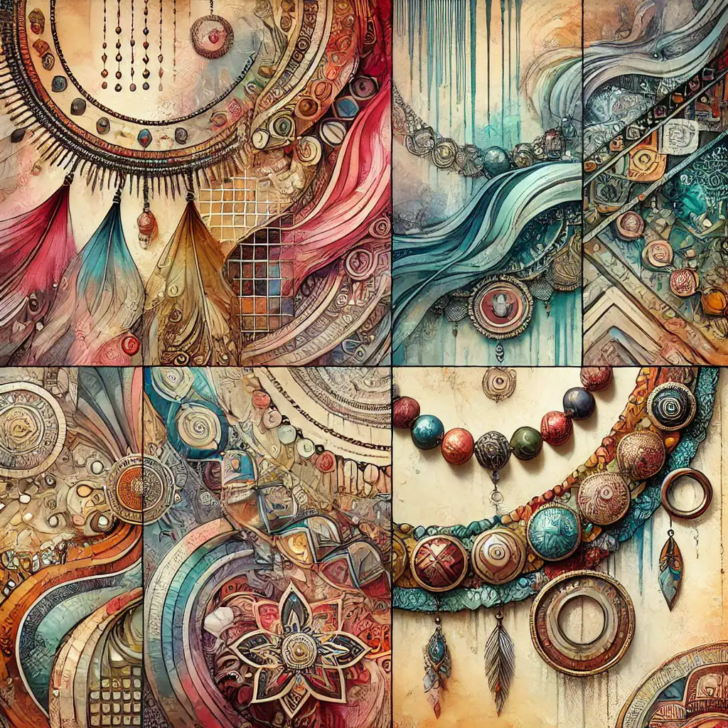 Barevné šperky s korálky a náhrdelníky, originální umělecké náhrdelníky s bohatým designem, ručně vyrobené šperky s korálky na plátně, umělecké šperky s pestrobarevnými korálky a přívěsky, relevance: vysoká, protože obrázek zobrazuje různé styly a skládání šperků z korálků pro umělecké a řemeslné potřeby.